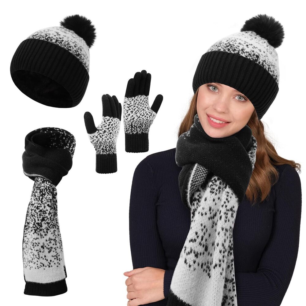5856 Beanie Hat Scarf Gloves Set,Fleece Lined Warm Winter Cap with Pom